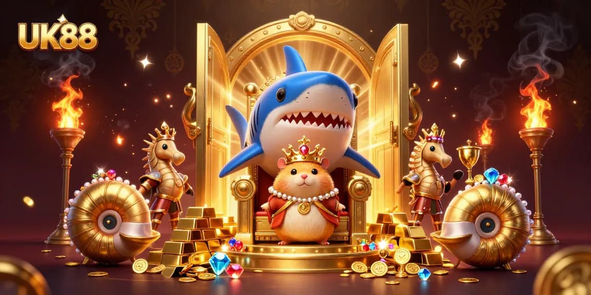 Engage in thrilling bets at UK88 with a royal hamster king surrounded by treasures and game elements.