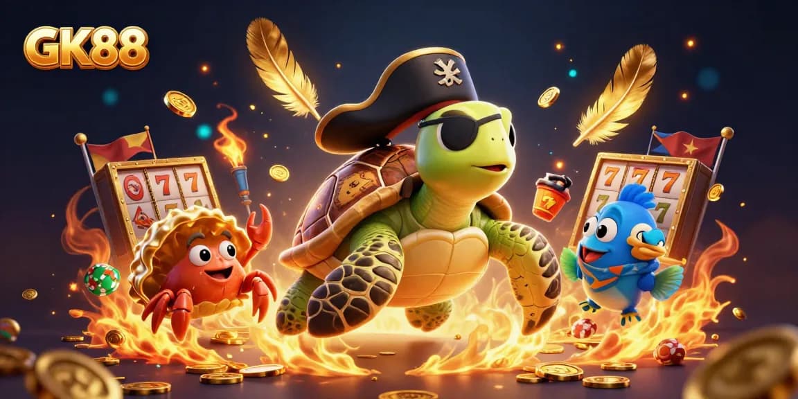 Spin the reels with GK88 in a vibrant casino scene featuring pirate turtle, crab, and parrotfish.