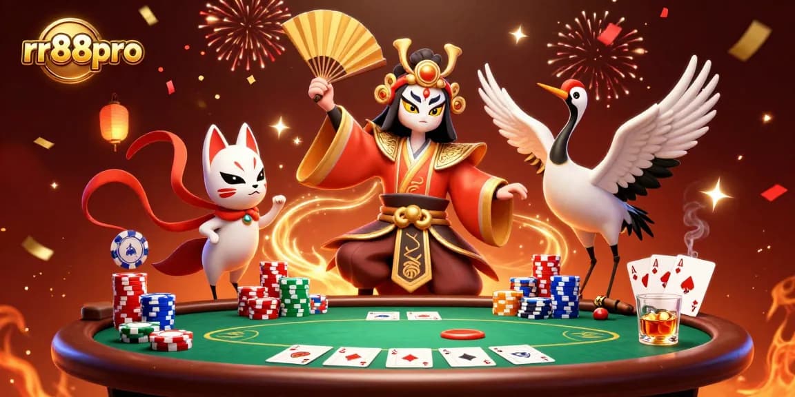 Win exciting games at rr88pro with dynamic 3D scenes of kabuki warriors and poker elements.