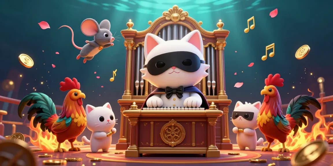 Experience vvvwin's captivating gambling scene featuring a phantom cat at a casino organ and a mouse acrobat.