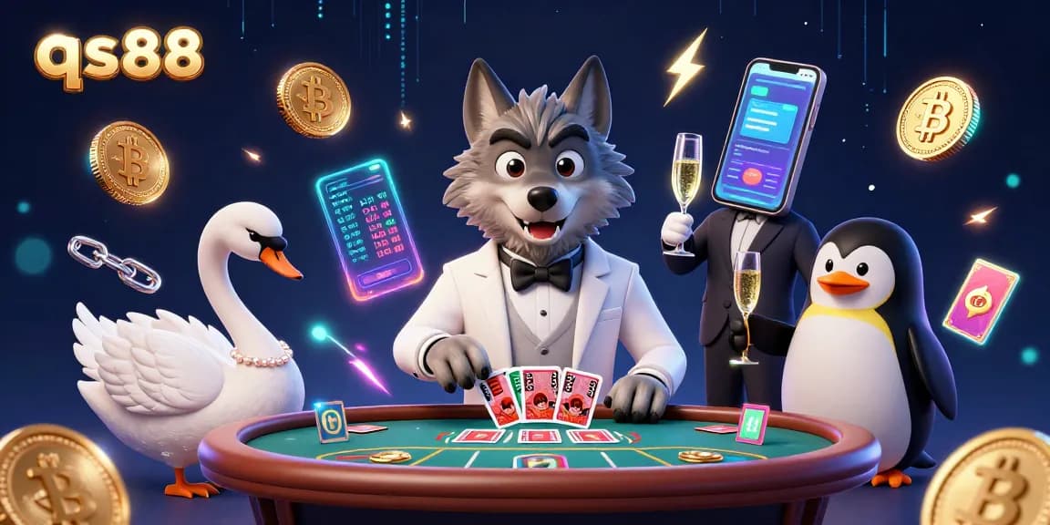 Engage with qs88's thrilling baccarat experience featuring a debonair wolf, elegant swan, and sophisticated penguin.