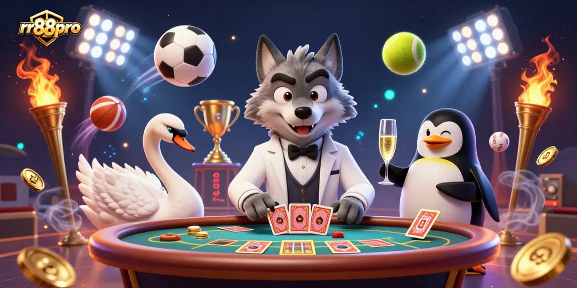 rr88pro showcases a lively scene with a debonair wolf and elegant swan at a baccarat table while watching sports highlights.