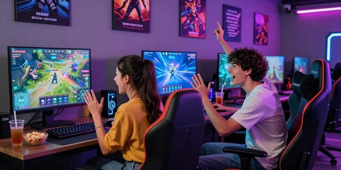 Young couple enjoying KO66 app games in a lively gaming lounge.