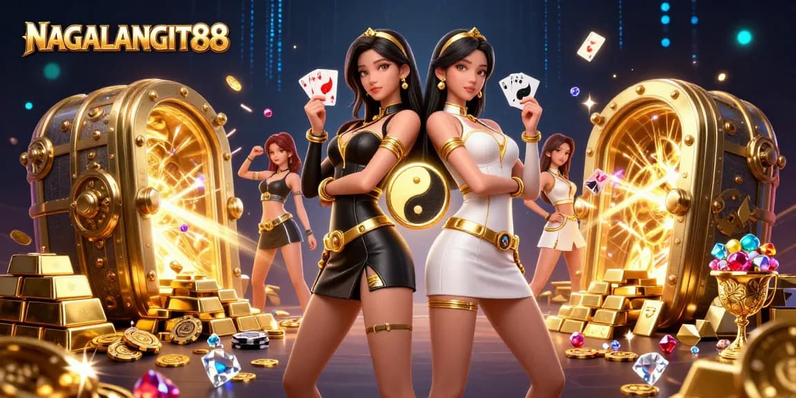 NAGALANGIT88 showcases twin Asian women posing dramatically with playing cards in a vibrant casino scene.
