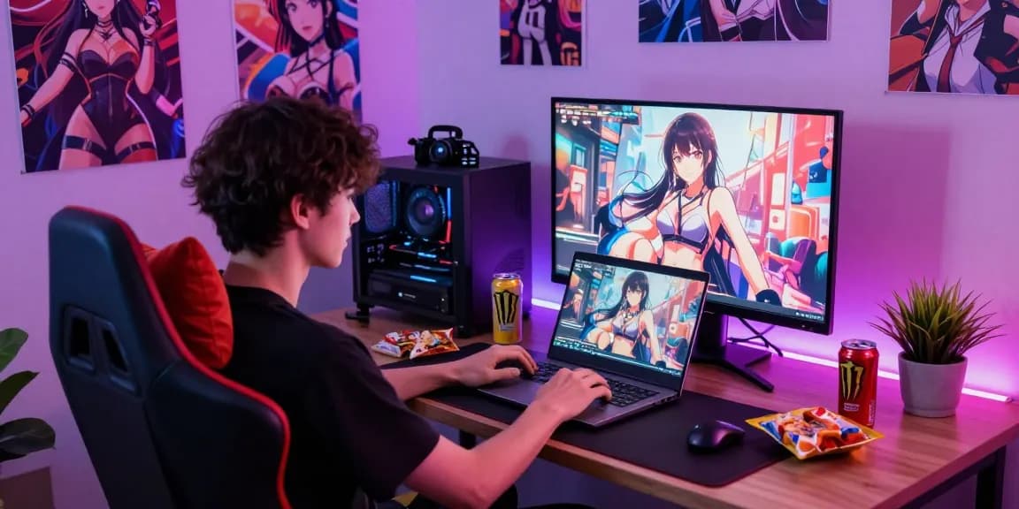 Gaming setup featuring ecchi games with colorful LED lights, snacks, and character posters