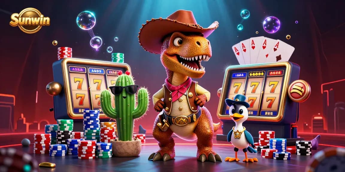 Experience thrilling gameplay with Sunwin as a cowboy T-Rex amidst vibrant slot gaming elements.
