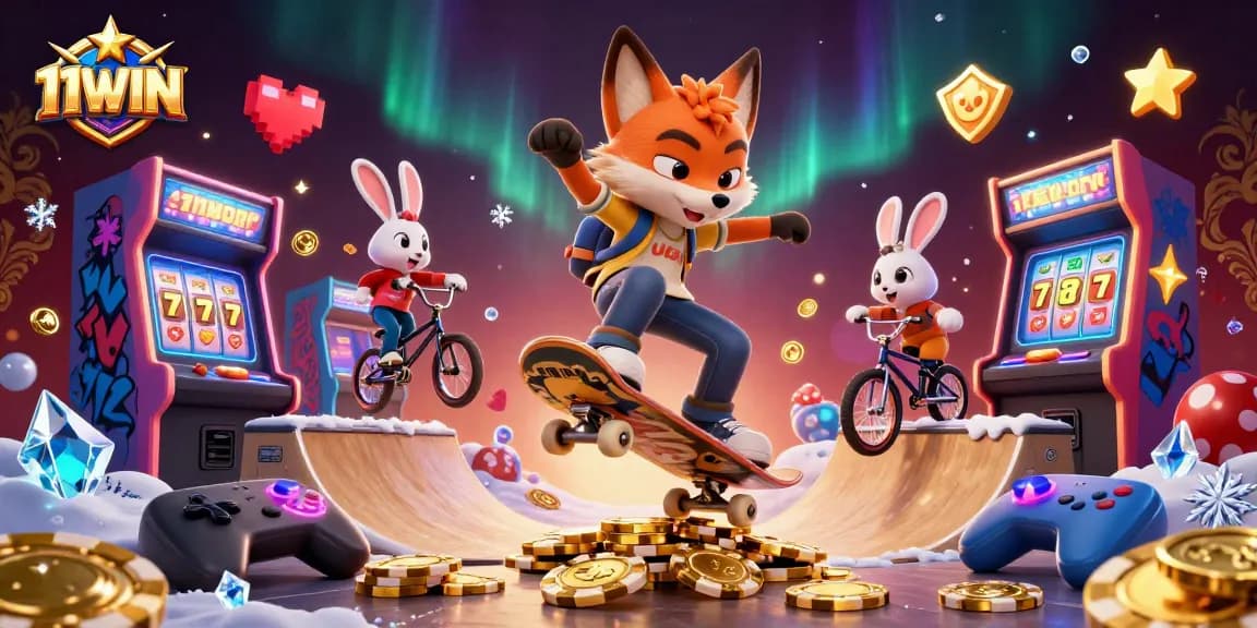 Experience 11WIN with a vibrant scene of a skateboarder fox and BMX rabbit celebrating casino gaming!