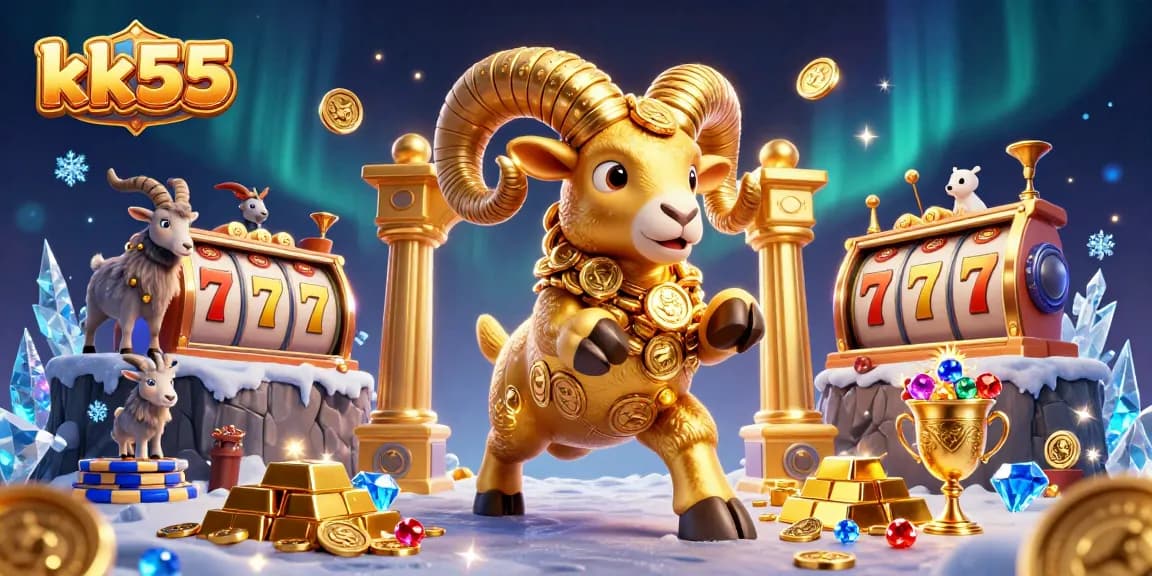 Spin the reels and win big with kk55 in this vibrant 3D casino illustration showcasing slots and rich treasures.