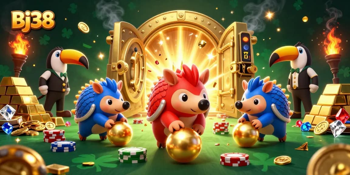 Bj38 pangolins compete in a vibrant casino scene, rolling golden balls and surrounded by sparkling treasures.