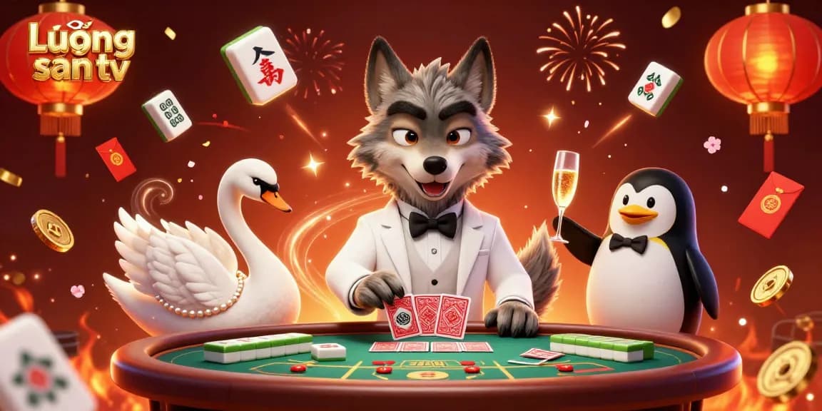 Lương sơn tv introduces an immersive baccarat scene featuring a debonair wolf, swan dealer, and penguin sommelier.