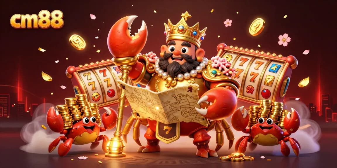 Play slots at cm88 with vibrant visuals of a golden crab emperor amidst spinning reels and festive elements.