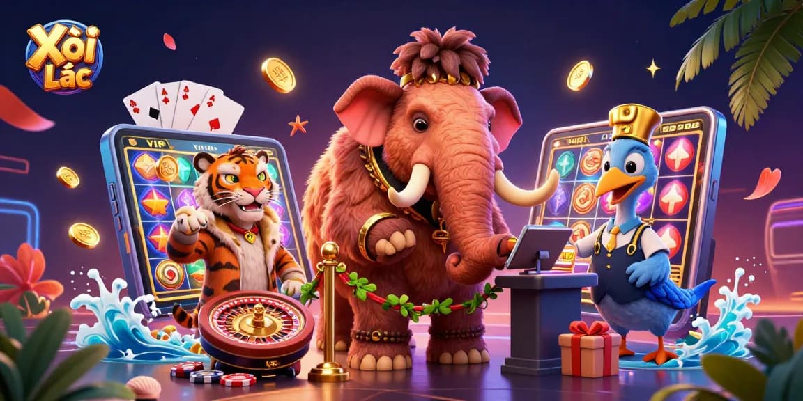 Xôi Lạc showcases a vibrant 3D casino scene with animated characters and gaming elements inviting players to engage in thrilling gambling.