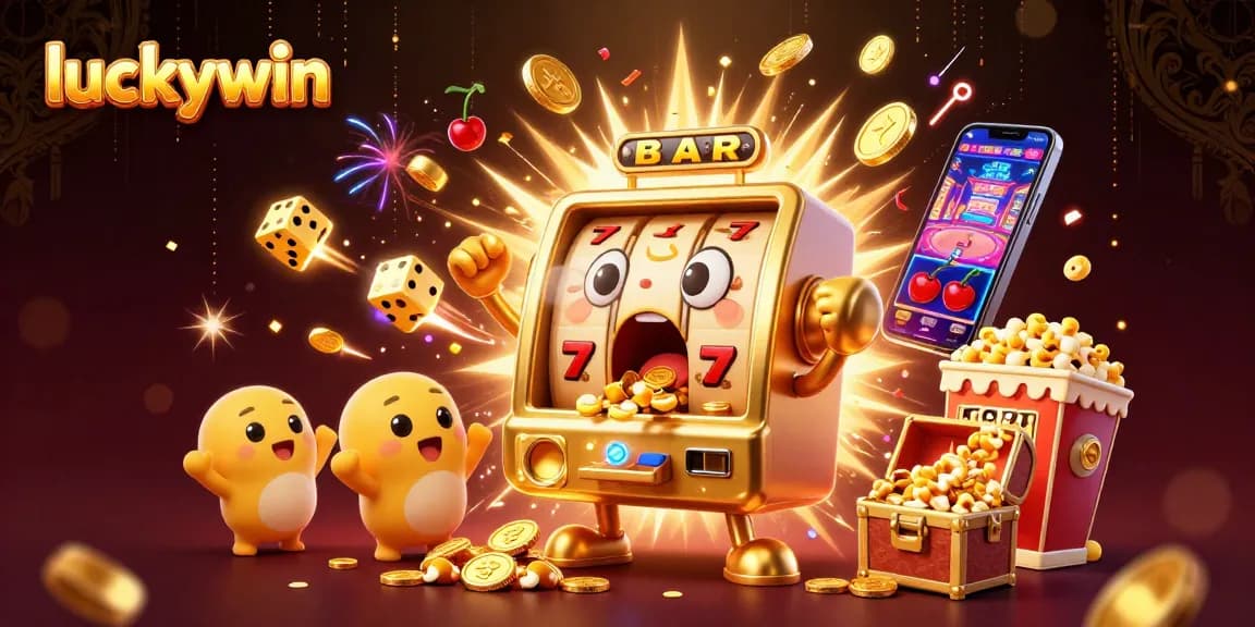 Luckywin slot machine jackpot bursting with coins, surrounded by cheering machines and festive elements.