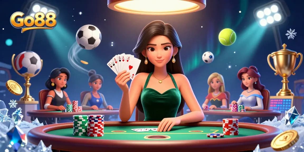 Experience thrilling poker with Go88, featuring stunning visuals of a strategic player amidst a dynamic casino atmosphere.
