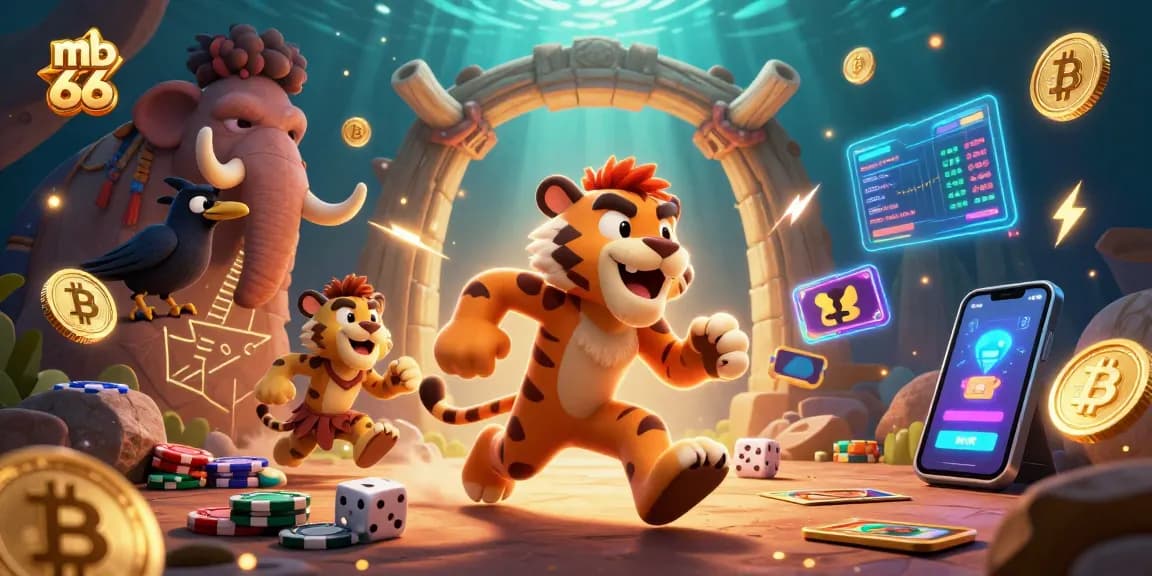 Experience thrilling moments at mb 66, featuring a unique prehistoric casino scene with vibrant digital elements.