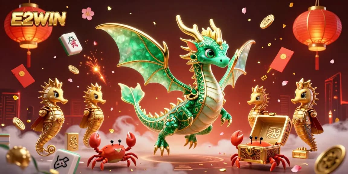 E2WIN harnesses the excitement of online gambling with dragon themes and colorful elements.
