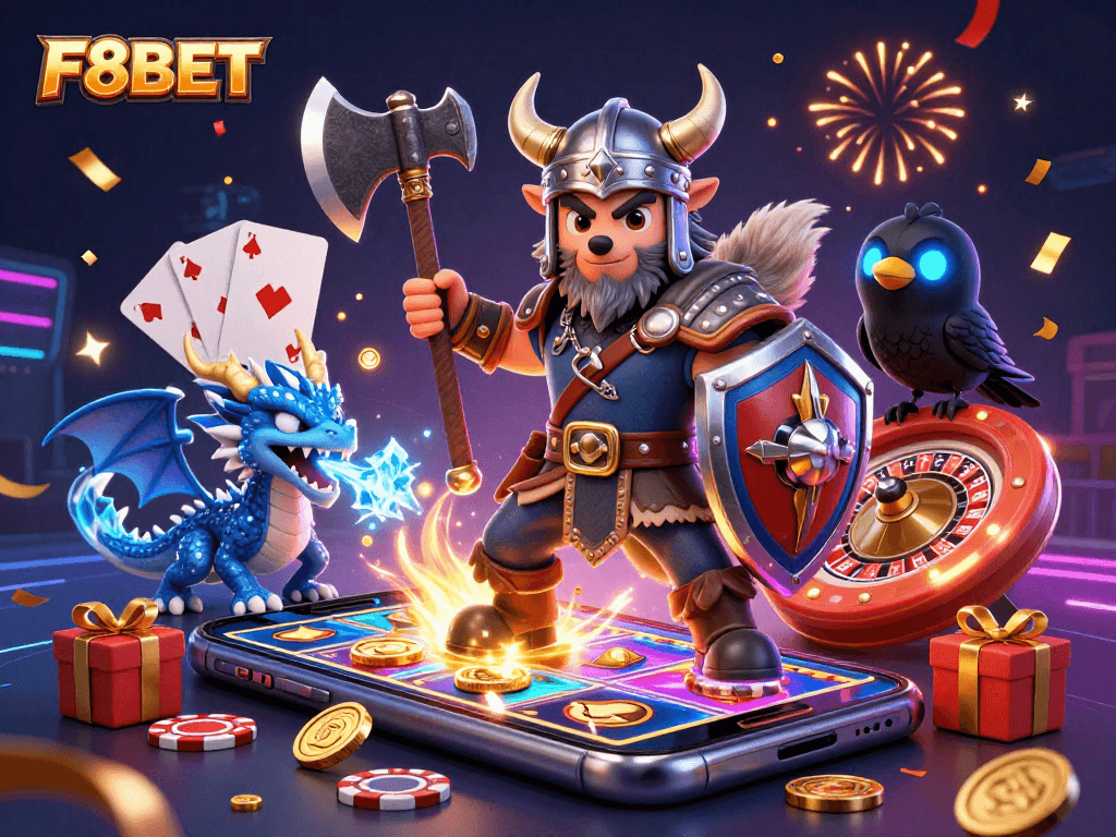 Join the fun at F8BET with our Viking wolf warrior, a fierce dragon, and exciting gaming elements!