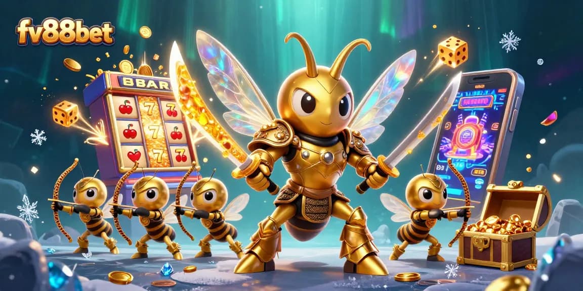 Win big with the vibrant scene featuring fv88bet's casino experience, showcasing lively slot games and exciting characters.