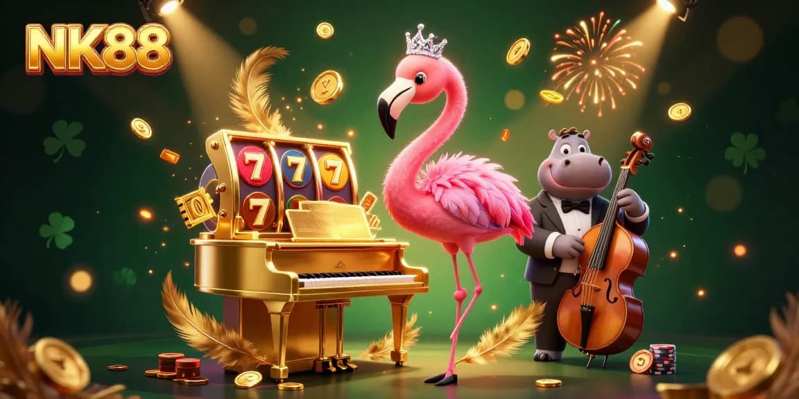 Experience the excitement of NK88 with our vibrant illustration featuring casino characters and dynamic elements.