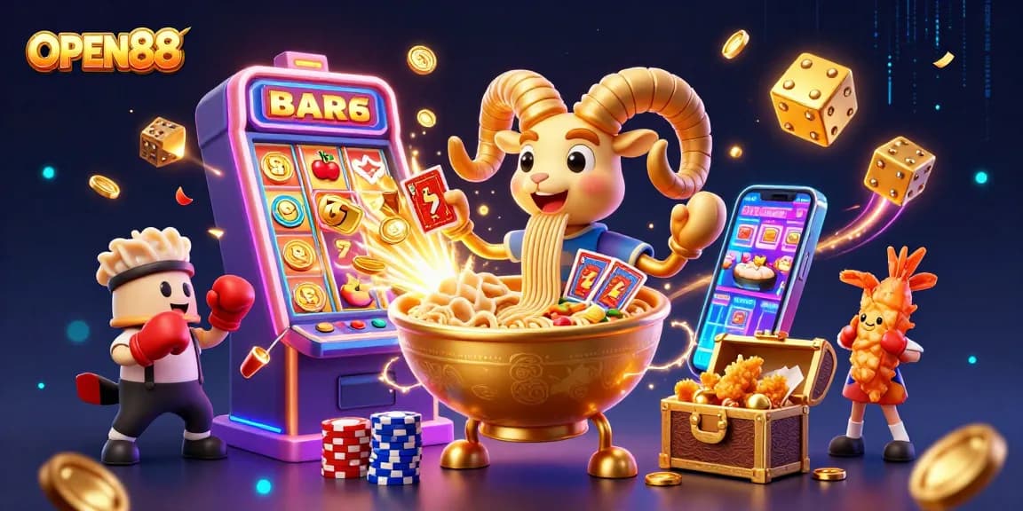 Join the excitement at OPEN88 with a vibrant casino scene featuring dynamic characters and thrilling elements.