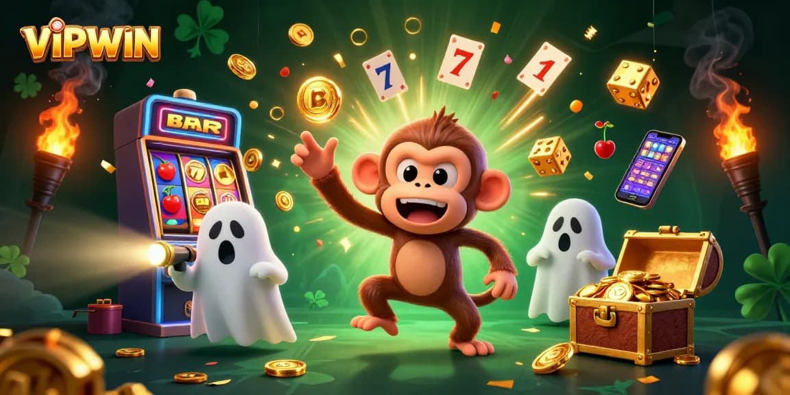 Experience thrilling moments at VIPWIN with a cartoon poltergeist monkey and ghost-hunter puppy in an enchanted casino.