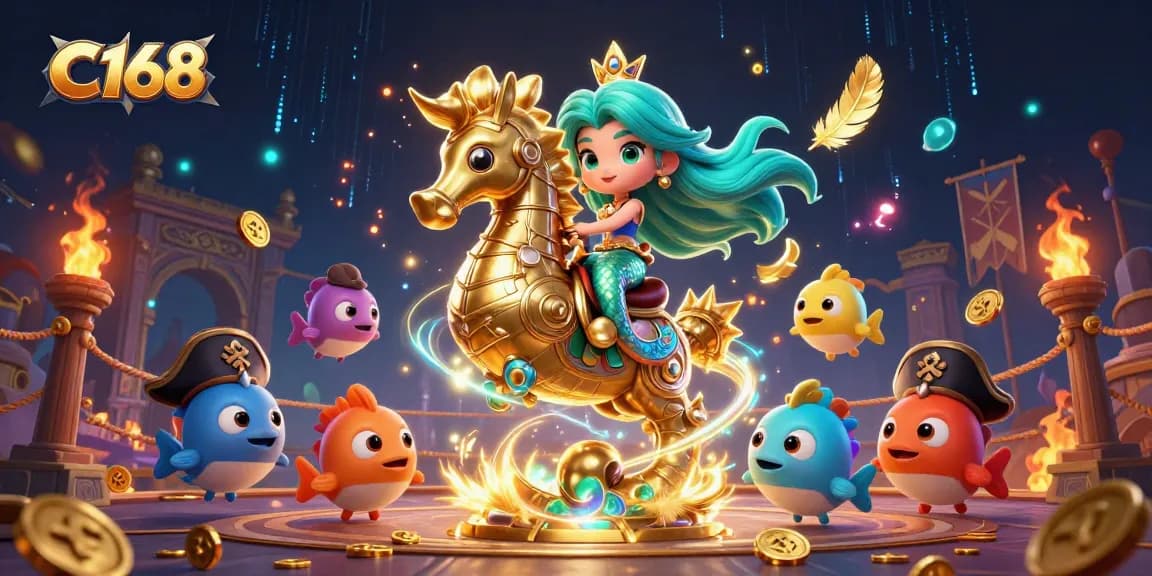 C168 showcases an enchanting scene with a mermaid riding a seahorse amidst a vibrant underwater setting, ideal for online gambling enthusiasts.