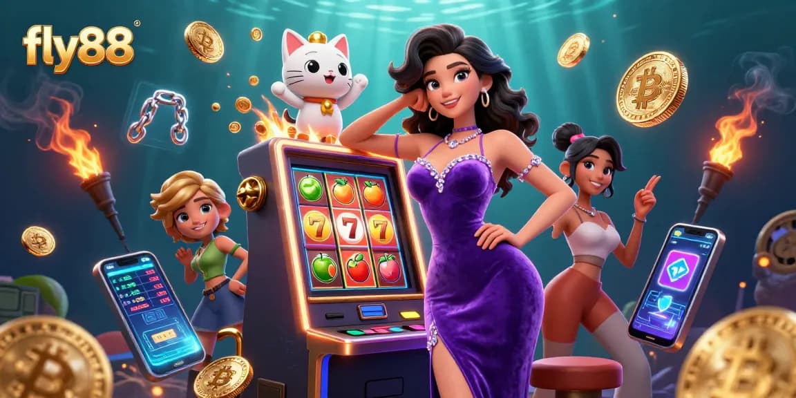 Experience thrilling wins at fly88 with a glamorous woman celebrating on a jackpot slot machine.