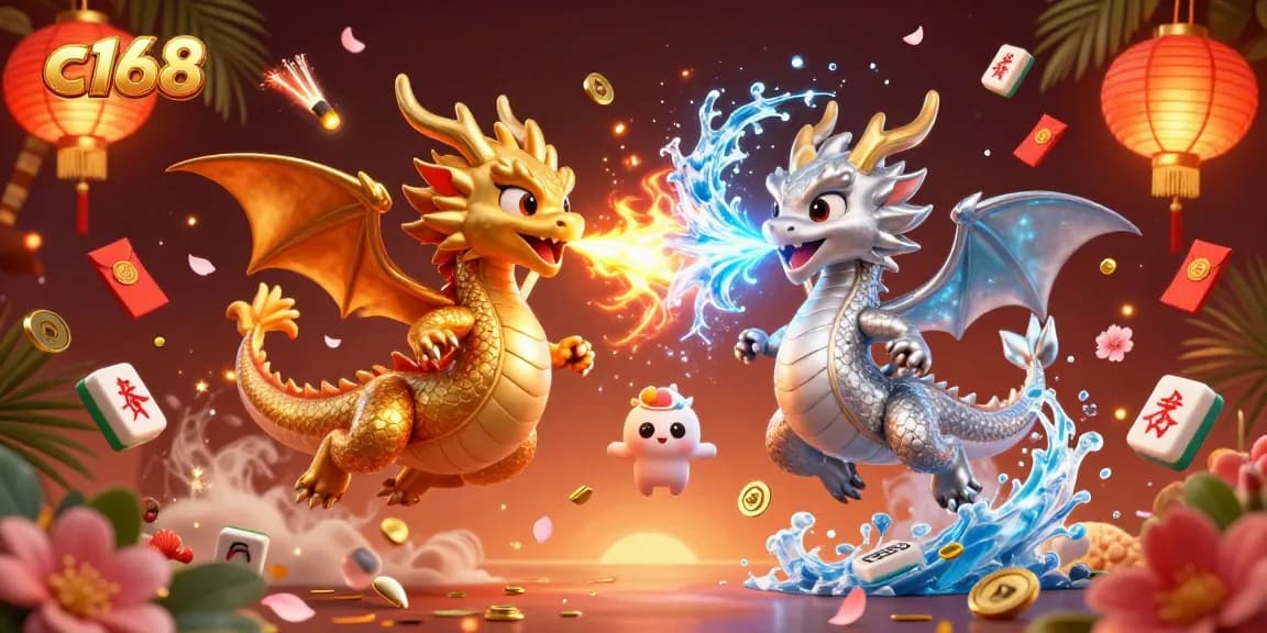 C168 players engage with the captivating online casino, featuring dynamic dragons amidst fireworks and cash rewards.