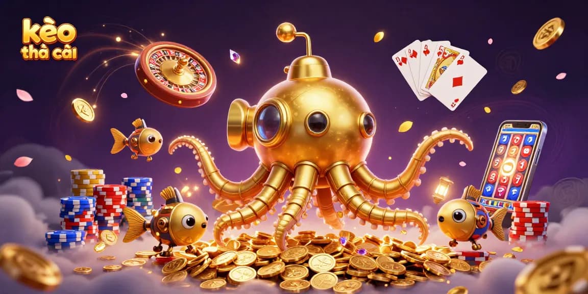 Experience thrilling action with kèo nhà cái amidst a vibrant casino scene filled with gold coins.