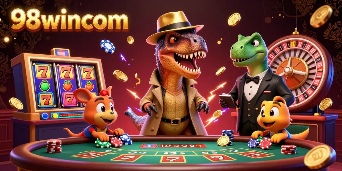 Experience the thrilling action of 98wincom at a blackjack table with cartoon dinosaurs and vibrant casino elements.