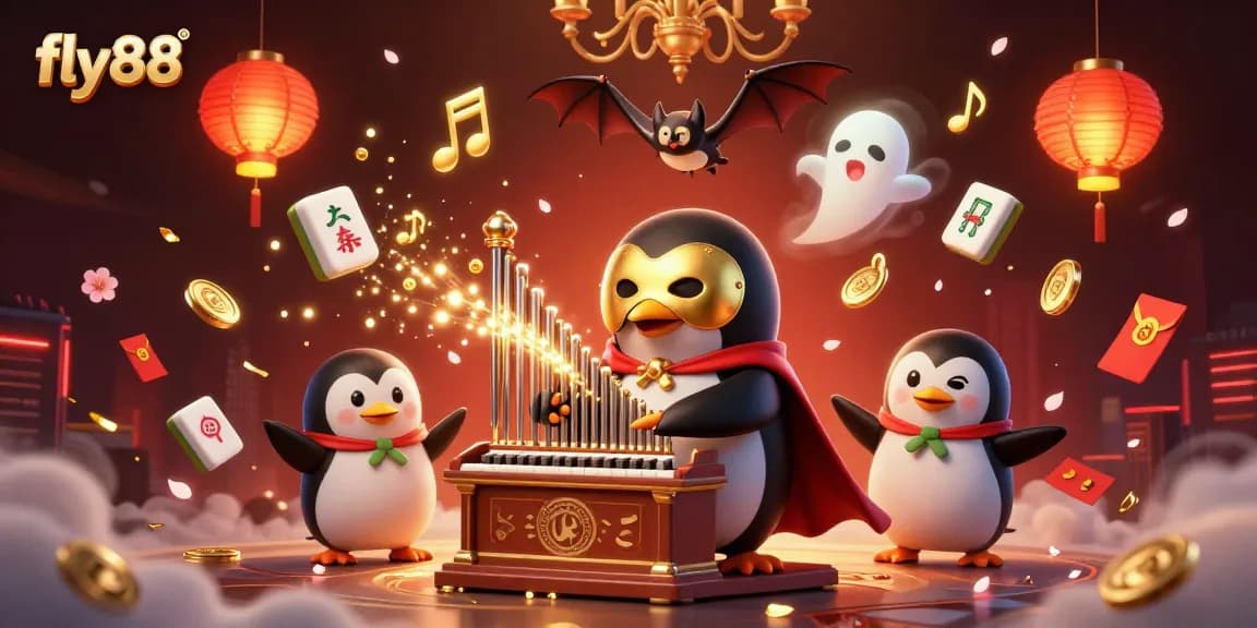 fly88 demonstrates vibrant casino excitement with a 3D cartoon penguin playing an organ shooting coins.