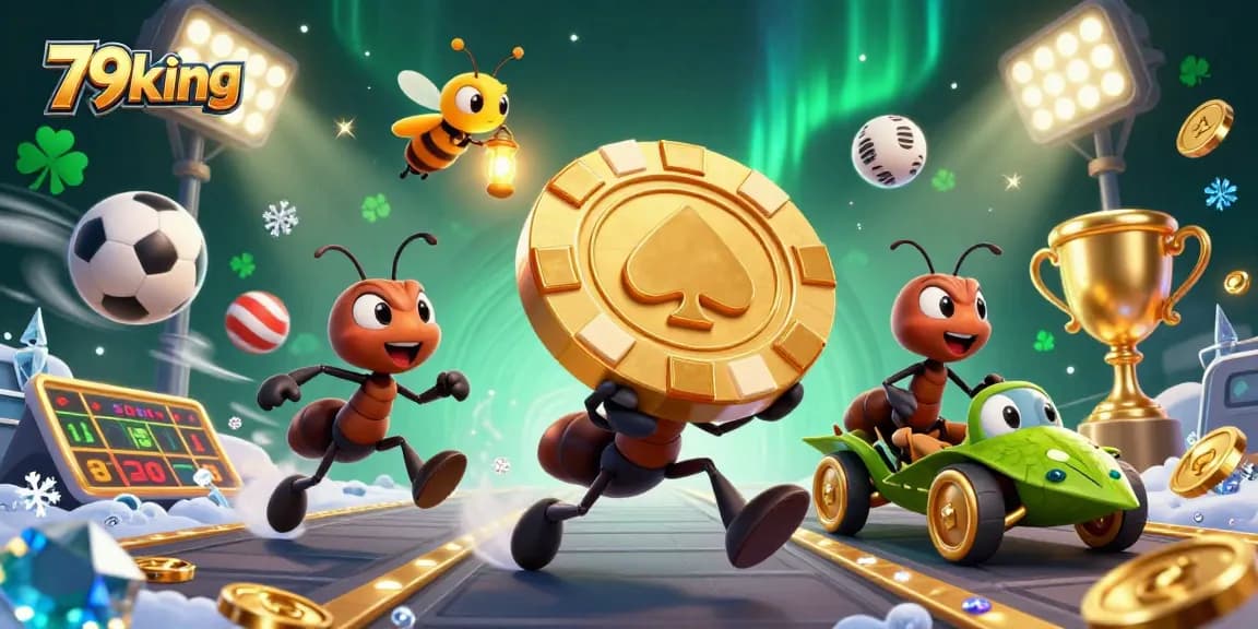 The colorful 79king casino adventure shows ants carrying a giant chip amidst sports elements and excitement.