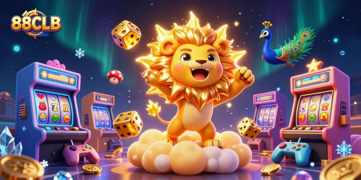Experience gaming excitement with 88CLB's vibrant casino illustration featuring dynamic characters and slot elements.