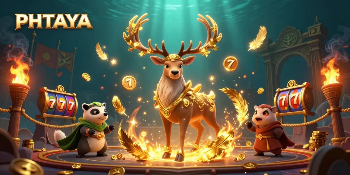 PHTAYA's 3D illustration featuring a Celtic stag, badger, and slot machine action in a vibrant casino scene.