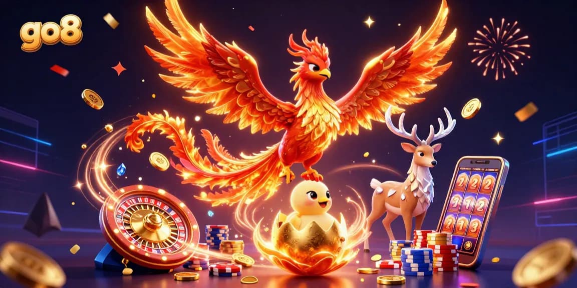 Experience go8's thrilling casino action with a phoenix soaring among cascading coins and game elements.