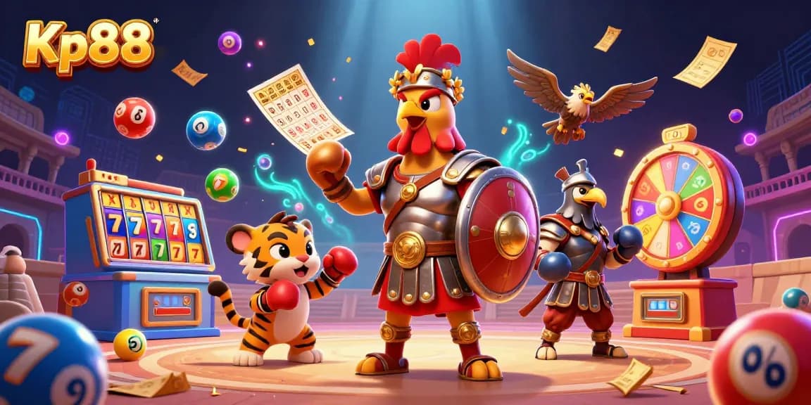 Kp88 engages players with dynamic lottery balls and a vibrant casino scene featuring a gladiator rooster and tiger cub.