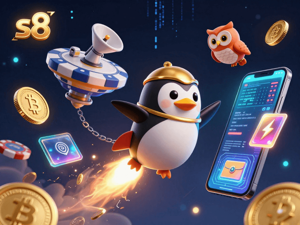 Experience the excitement of s8 casino with a golden penguin soaring through space, surrounded by digital coins and energetic elements.