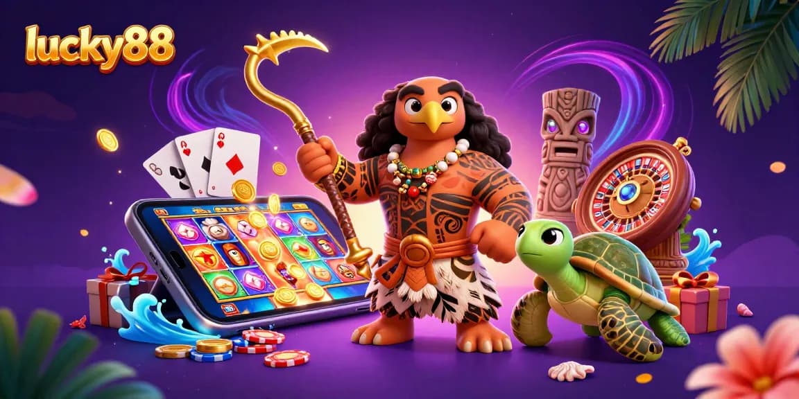 Experience exciting gameplay with lucky88 in this vibrant casino illustration featuring a Polynesian demigod and dynamic gaming elements.