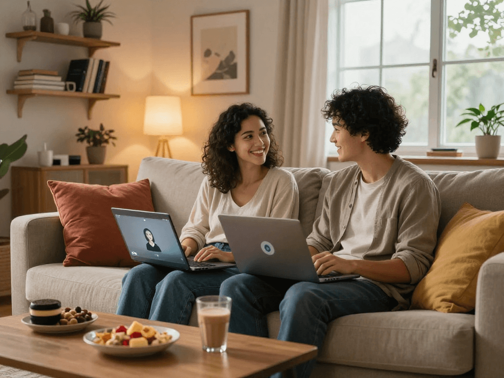 Couple engaging in a cozy conversation with sex ai chatbot in inviting living room.