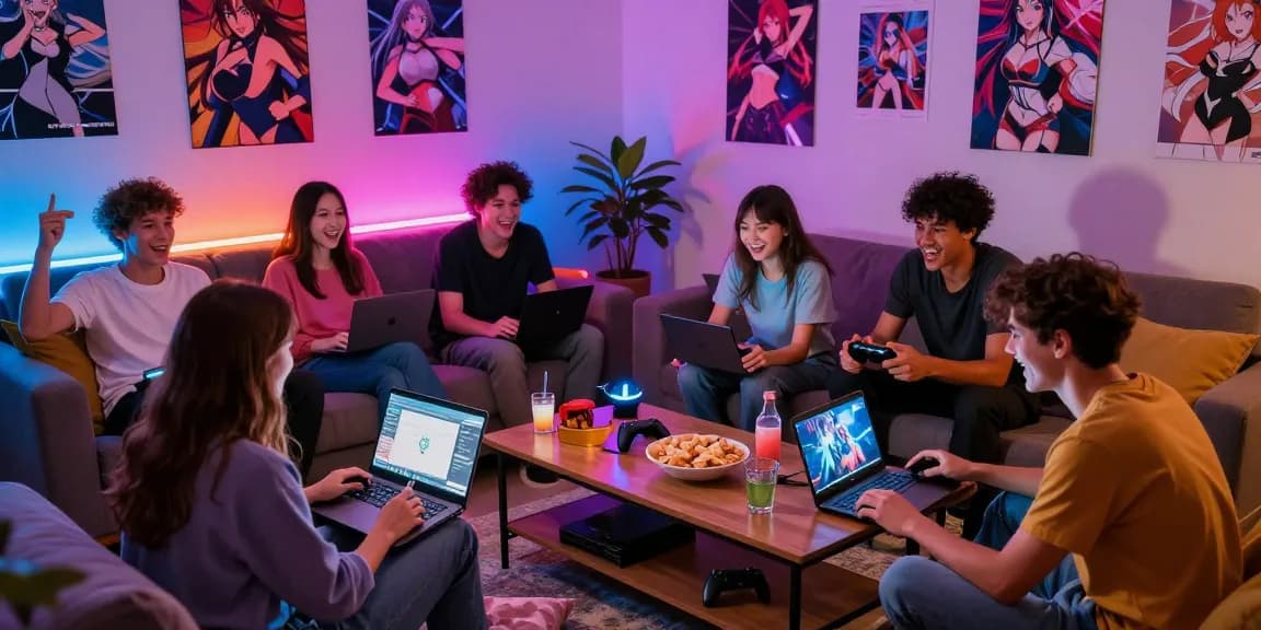Friends playing hentai games together in a cozy living room, creating a lively gaming atmosphere.