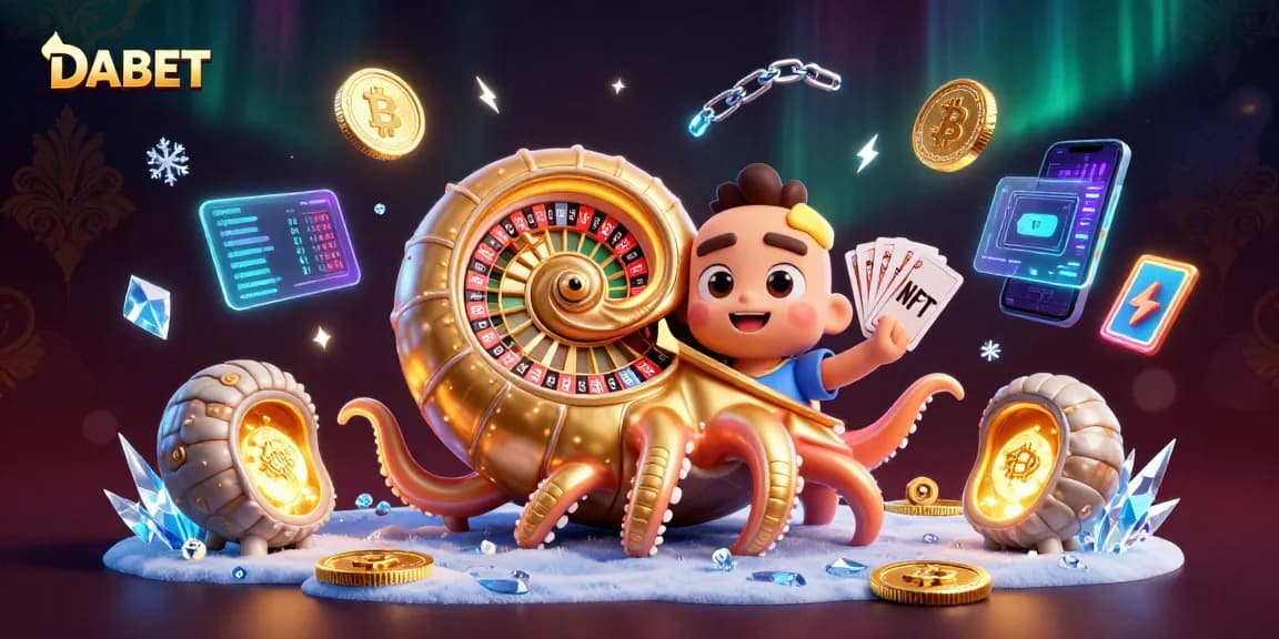 DABET spins fortune with a giant nautilus roulette wheel, showcasing captivating casino elements.