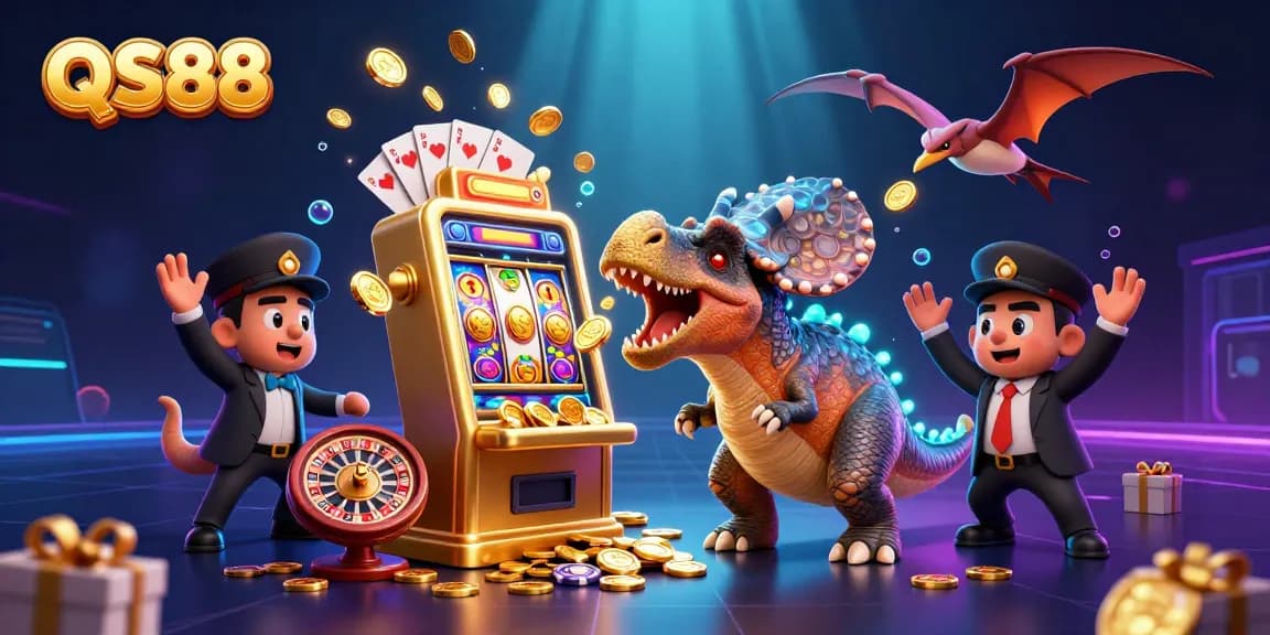 QS88's pachycephalosaurus celebrates jackpot wins in a vibrant casino scene filled with dynamic gaming elements.