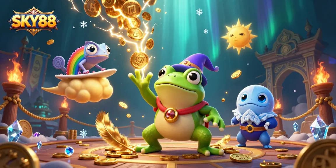 Experience the thrill of SKY88 with a vibrant, action-packed 3D casino scene featuring dynamic characters.