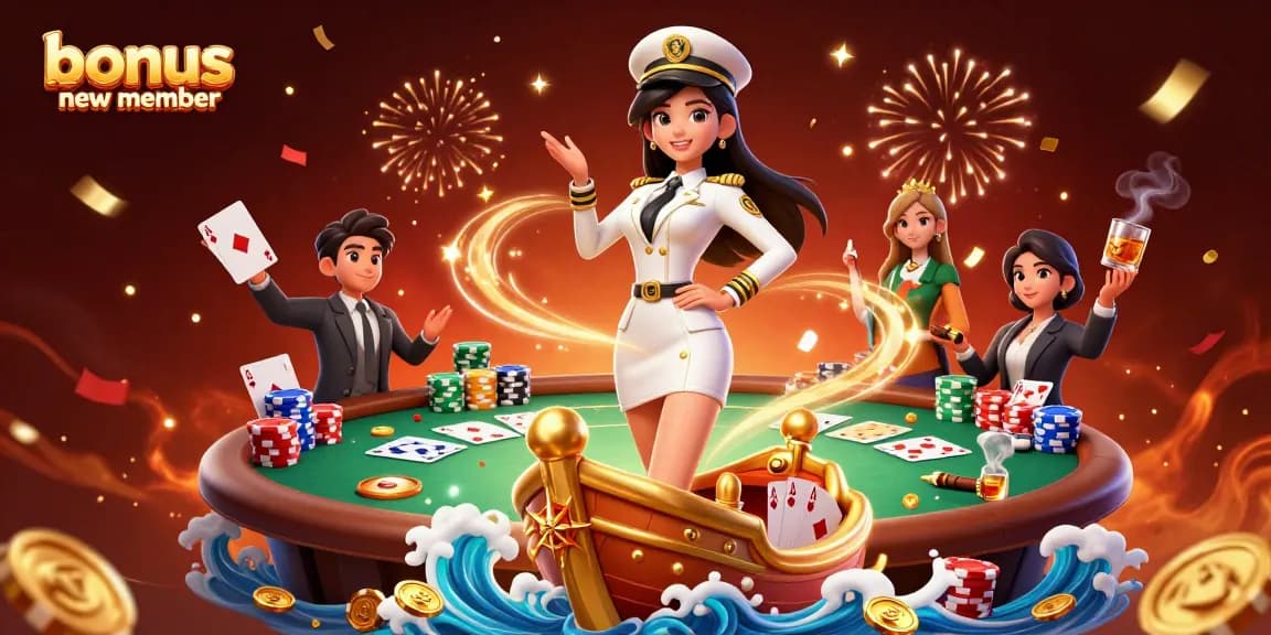 Engage with the bonus new member offer in this vibrant casino scene featuring poker elements.