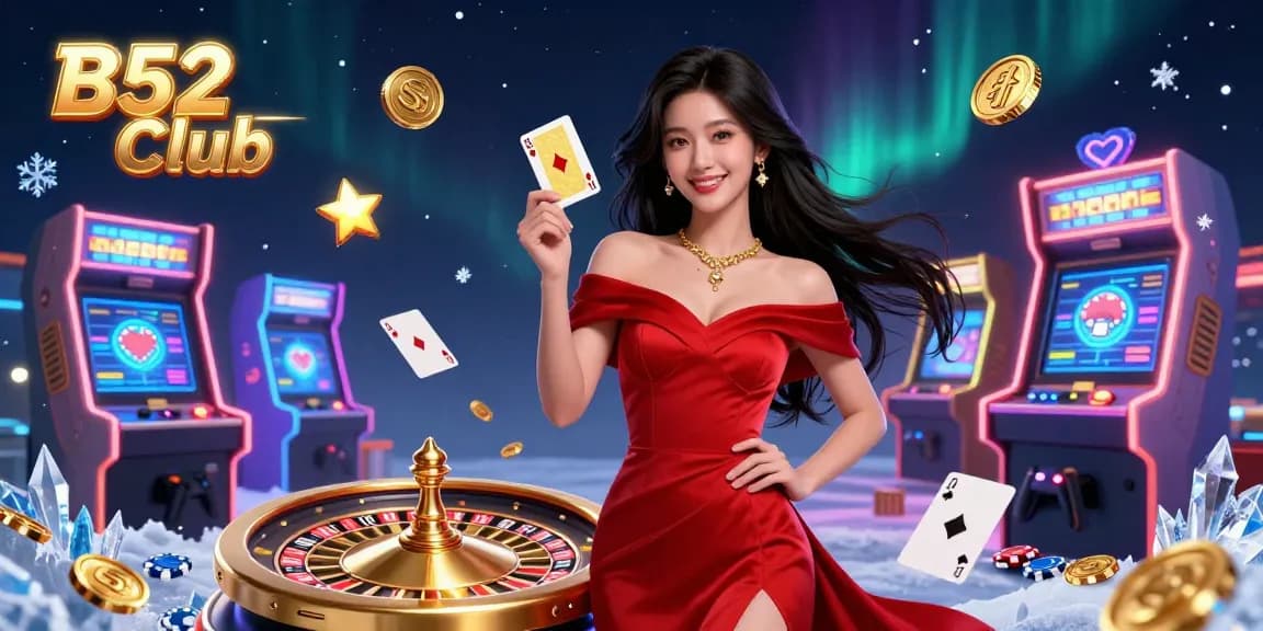 B52 Club offers an engaging casino experience with vibrant characters, golden roulette wheels, and colorful game elements.