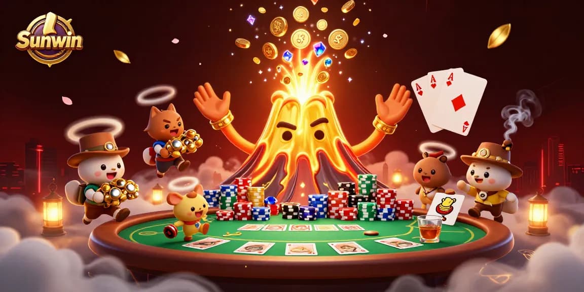 Sunwin showcases thrilling gameplay as golden volcano erupts with treasures amidst poker elements.