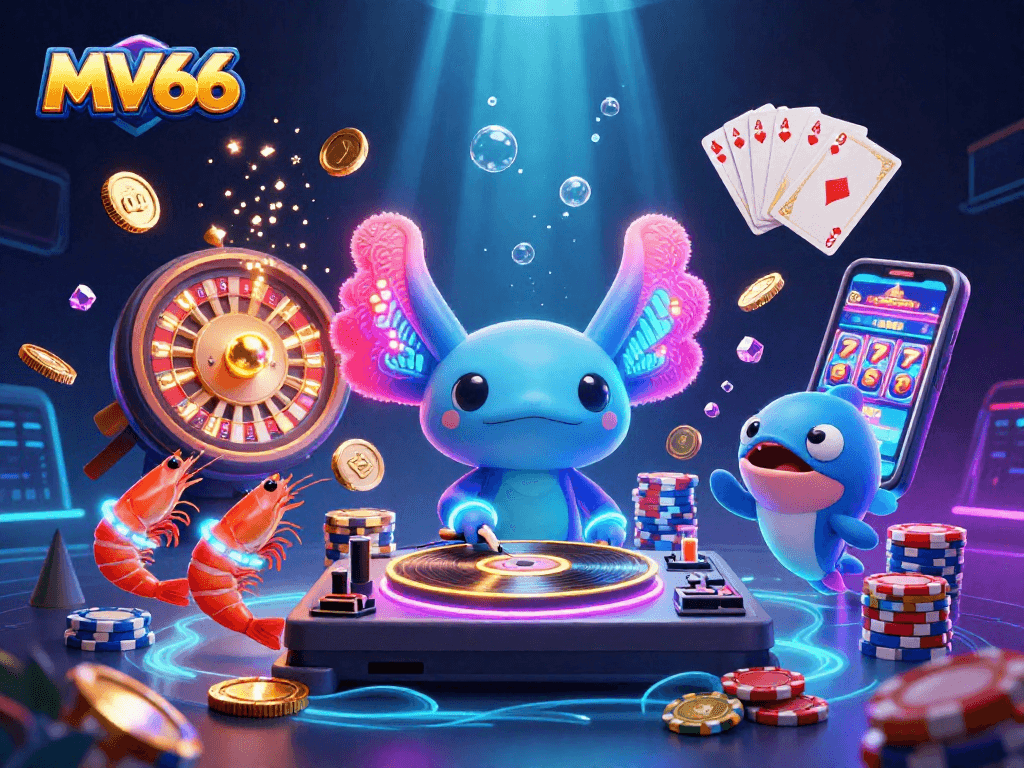 Experience the dynamic world of MV66 with a neon-colored axolotl DJ and casino elements.