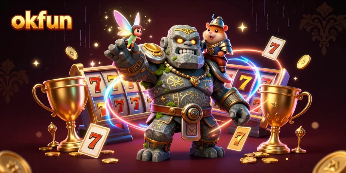 Experience the thrill of okfun by exploring casino games, with a magical golem, fairy, and hamster knight amidst slot reels.
