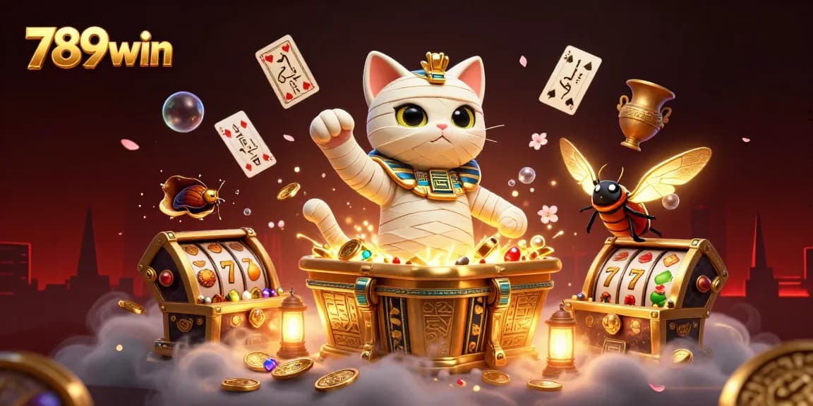 Experience thrilling moments at 789win with our lively casino scene featuring a mummy cat and treasures.