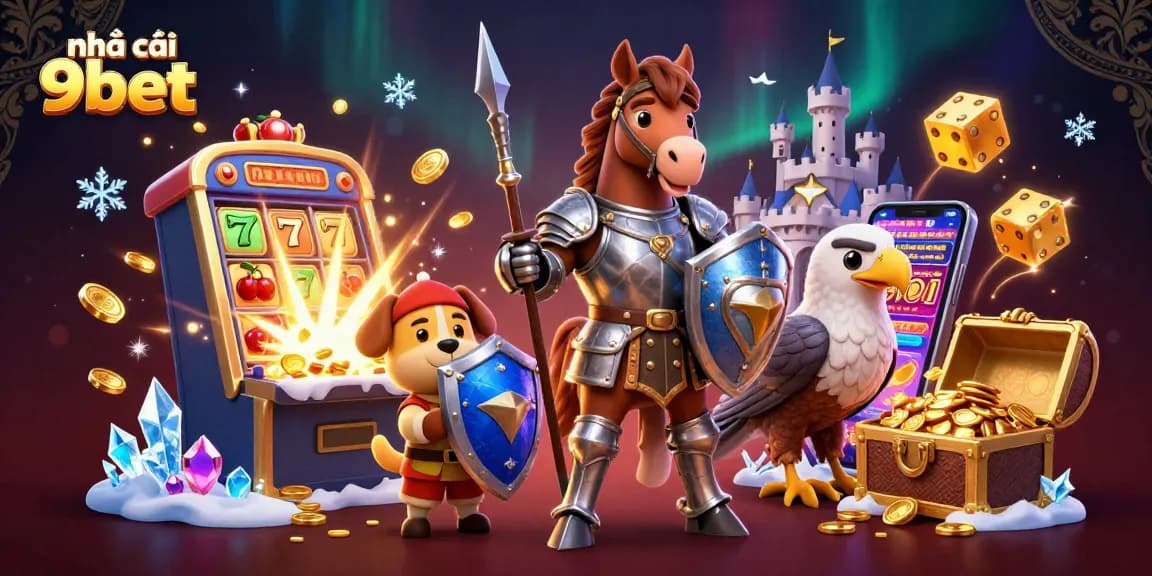 Engaging 3D scene illustrating nhà cái 9bet with vibrant casino elements, inviting players to join the action.